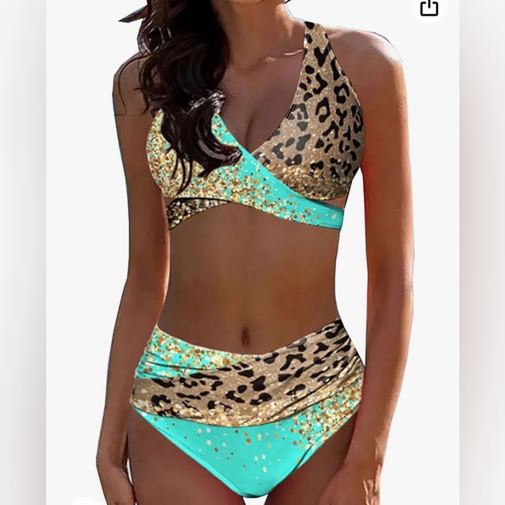 Leopard Gold Glitter Women’s 2‎ piece Bikini size XL Halter Top High Waisted